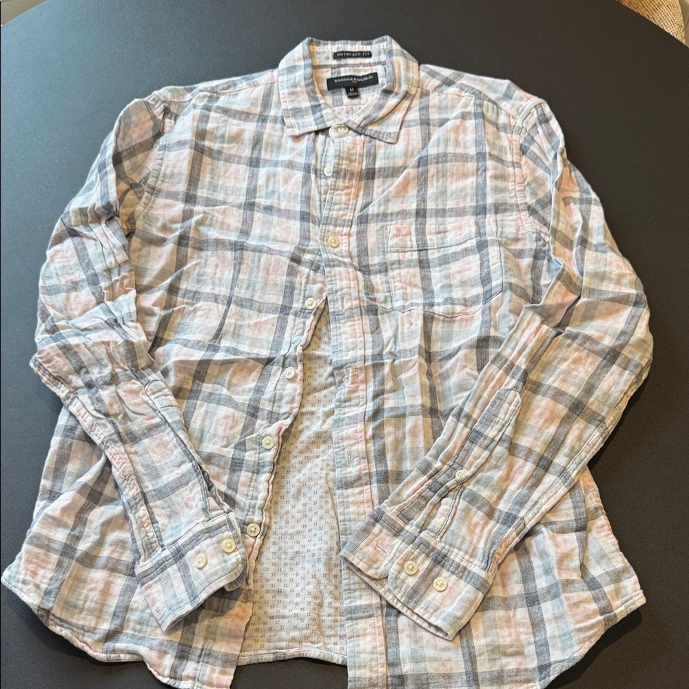 Banana Republic Plaid Button-Up Shirt in Light Blue, Pink, and White